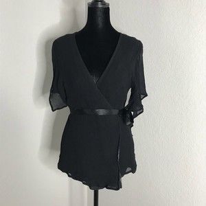 Banana Republic Silk Blouse Belted Wrap Black Print Short Sleeves Tie Lining XL